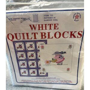 Jack Dempsey Needle Art White Quilt Blocks Garden Girl Embroidery 18" x 18" Cott
